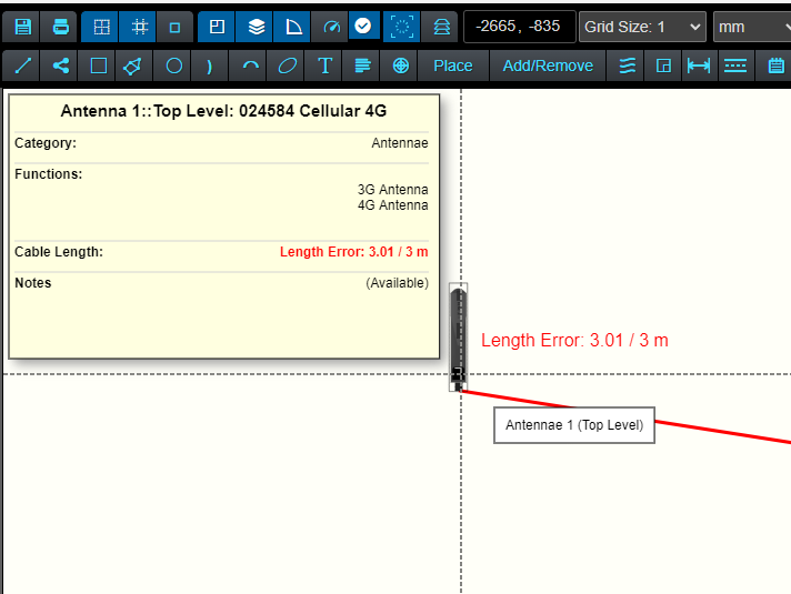 image of cable being stretched too long in layout editor showing a warning