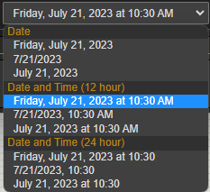 range of date formats to select from