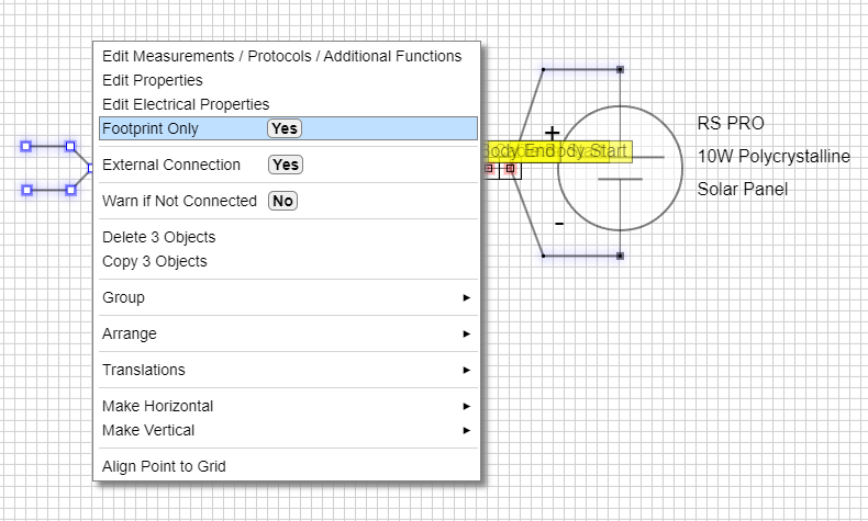 Image of 'footprint only' cable in component editor with context menu
