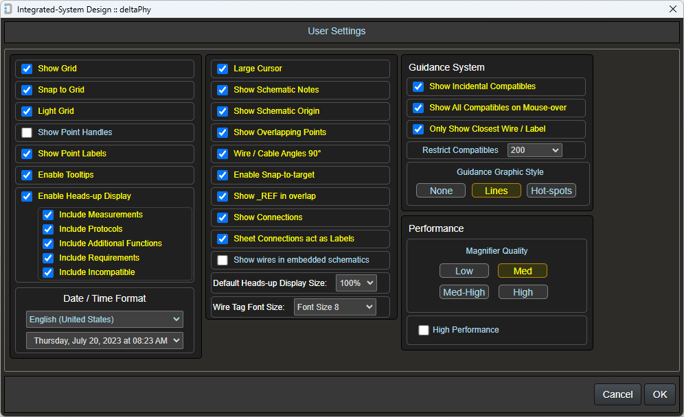 Image of user settings dialog for schematic editor